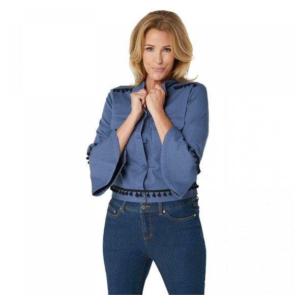 NWT Du Jour Pom Pom Trim Jacket Large Mid Indigo - Picture 1 of 5